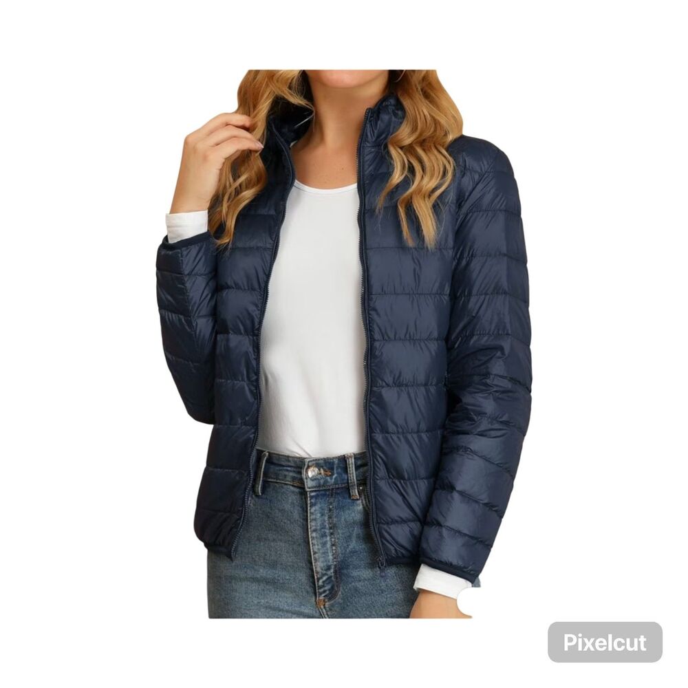 NWOT Size smLl Allegra K Hooded Long Sleeves Lightweight Puffer Jacket Dark Blue